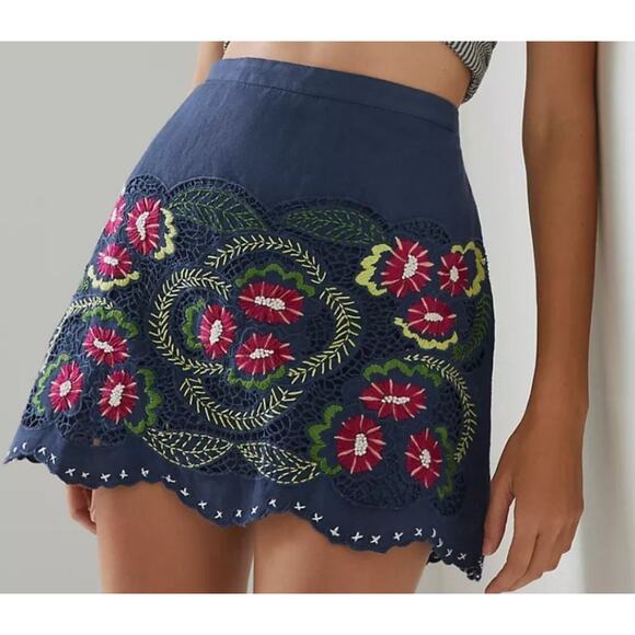 Anthropologie Dresses & Skirts - Anthropologie Embroidered Low Rise Mini Skirt 12 Blue Pink Floral Eyelet